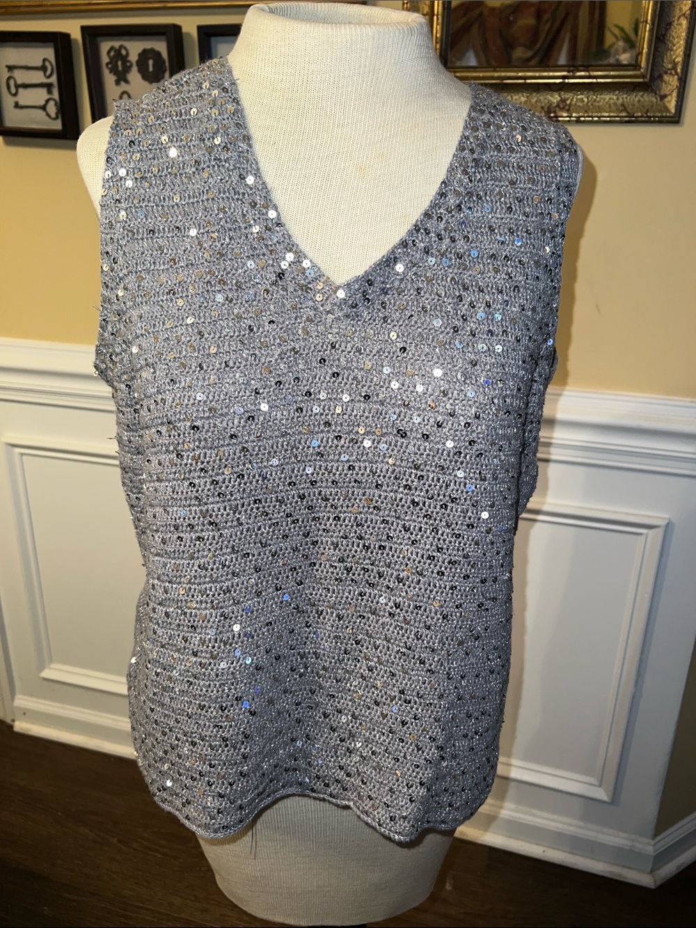 Bob Mackie Silver Sequin V-Neck Tank Top